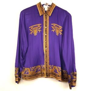 90s Escada Margaretha Ley Purple With Gold Scroll Tunic Blouse | 44 EU
